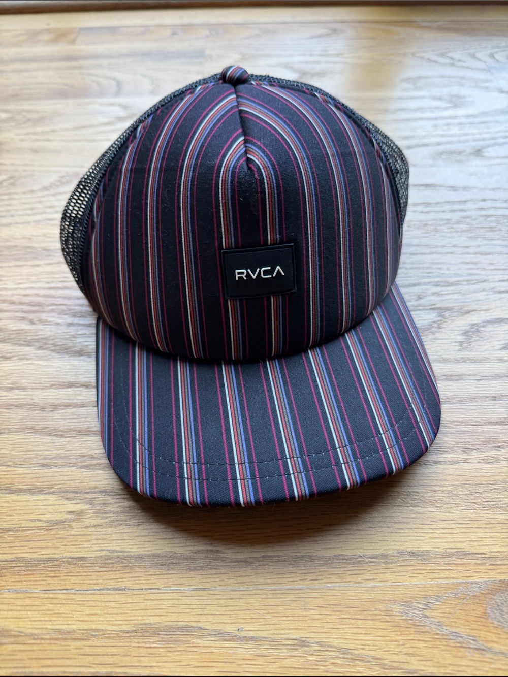 RVCA Black Pinstripe Mesh Trucker Hat with Red and Gray Lines